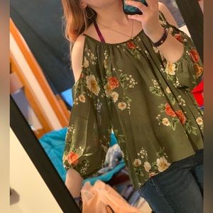 Small cold shoulder green floral blouse
